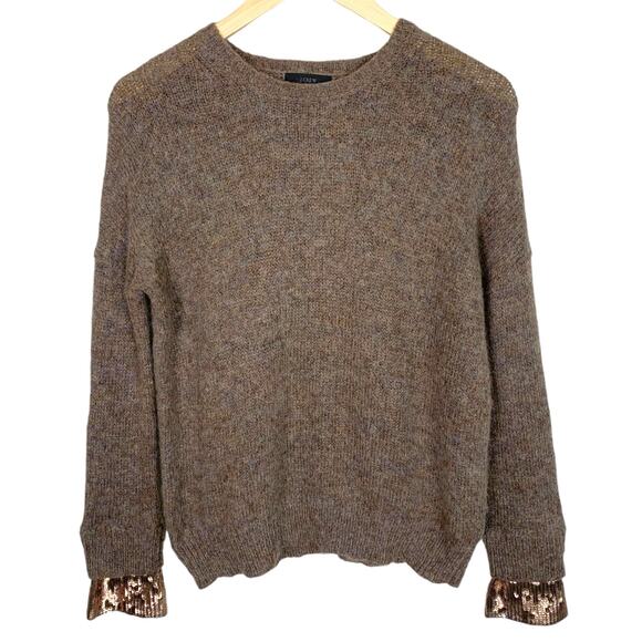 J Crew Womens XS Brown Mohair Wool Blend Crew Neck Sequin Cuff Sweater - Picture 1 of 10